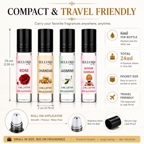 Image of Rose, Chandan, Jasmine & Shyam Darbar | Attar Gift Set for Men & Women | Non Alcoholic Long Lasting Attar Perfume Oil | Roll On Fragrance Combo Pack (4 x 6ml) Natural Attar for Pooja & Meditation (SHYAM DARBAR)
