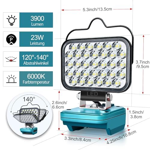 Image of Battery Lamp for Makita 18 V, 66 W Wireless LED Work Light, Battery, 6600 LM Bright LED Spotlight, Portable Floodlights, Construction Site Lamp, Battery Headlight with Type C and USB Charging