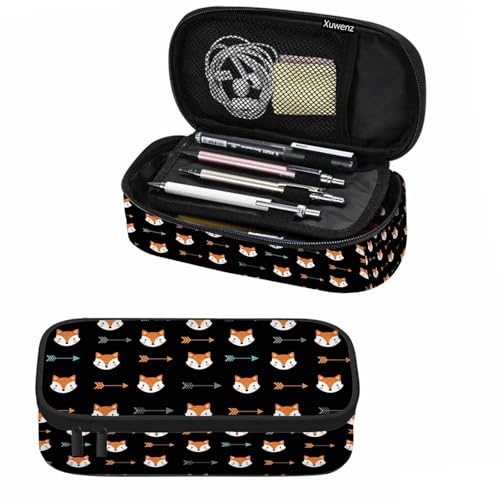 Image of Fox Pencil Holder Bag Feather Arrows Cross Cunning Animal Black Pencil Case College Office School for Teens Boy Girl