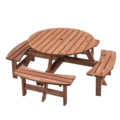 Outdoor Round Dining Table for 8: Stylish, Durable, and Perfect for Gatherings 9 Kootlena 8 Person Outdoor Round Wooden Picnic Table, Circular Camping Dining Table with 4 Seats for Patio, Backyard, Garden, DIY w/ 4 Built-in Benches, 2220lb Capacity