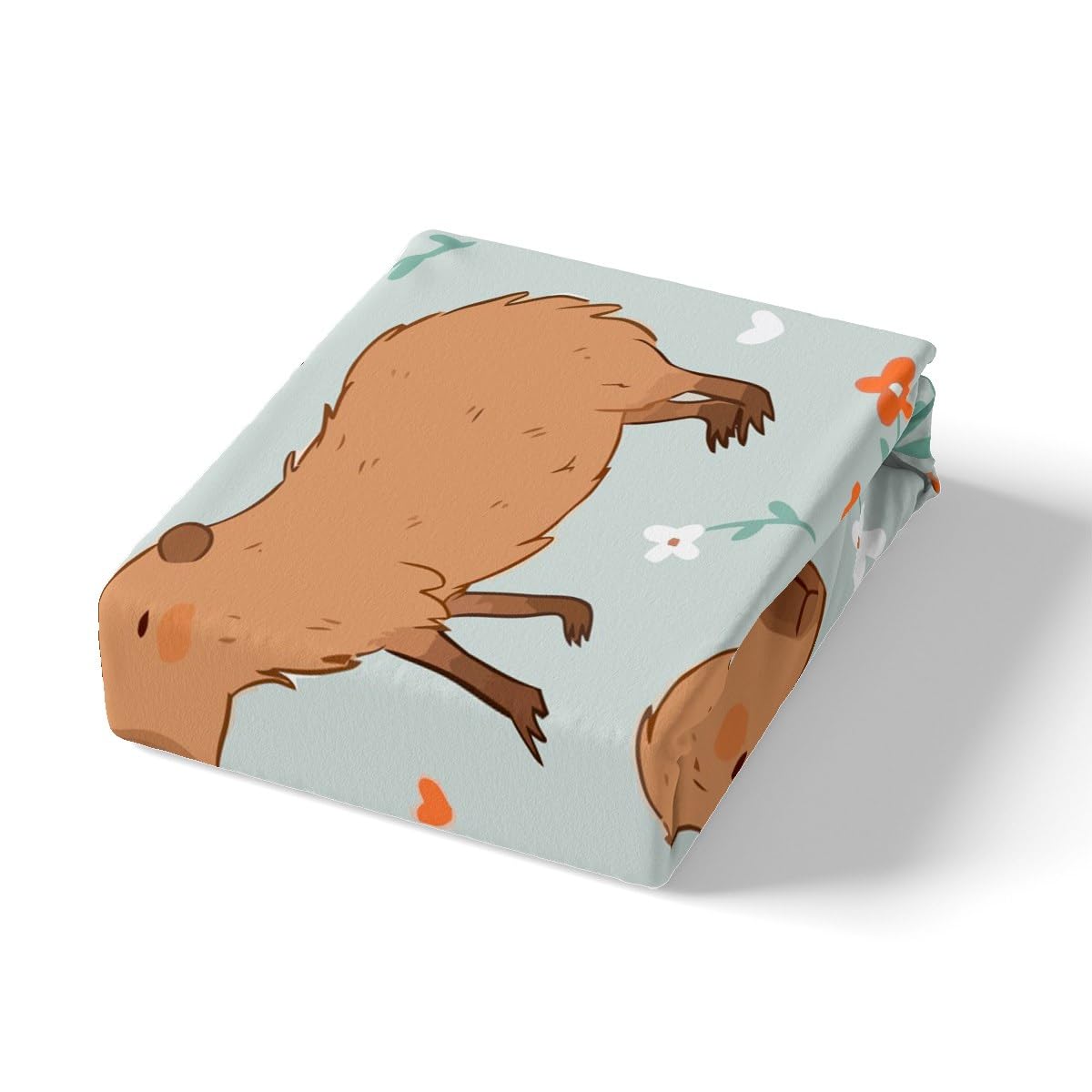 Loussiesd Juego de sábanas Capybaras florales para niños, sábanas Capybara de dibujos animados con bolsillo profundo, juego de ropa de cama Capybara marrón con 2 fundas de almohada doble