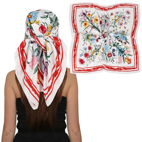 EXTREE Women's 35 inch Fashion Headscarf Silk Satin Scarf for Hair Wrapping at Night Bandana Square Scarf for Sleeping White Flowers in Bloom