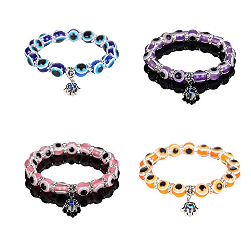 Caiyao 4 Pcs Evil Eye Bead Bracelet Hamsa Hand Fatima Beaded Charm Bracelets Blue Eye Stretch Amulet Bracelets Turkish Evil Eye Good Luck Protection Bracelet Colorful Stretch Kabbalah Jewelry-Mixed cover