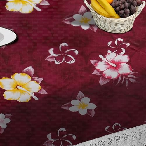 Image of The Furnishing Tree Waterproof PVC Rectangle Shaped 8 Seater Table Cover WxL 60x108 inches Floral Pattern Red with White Border lace
