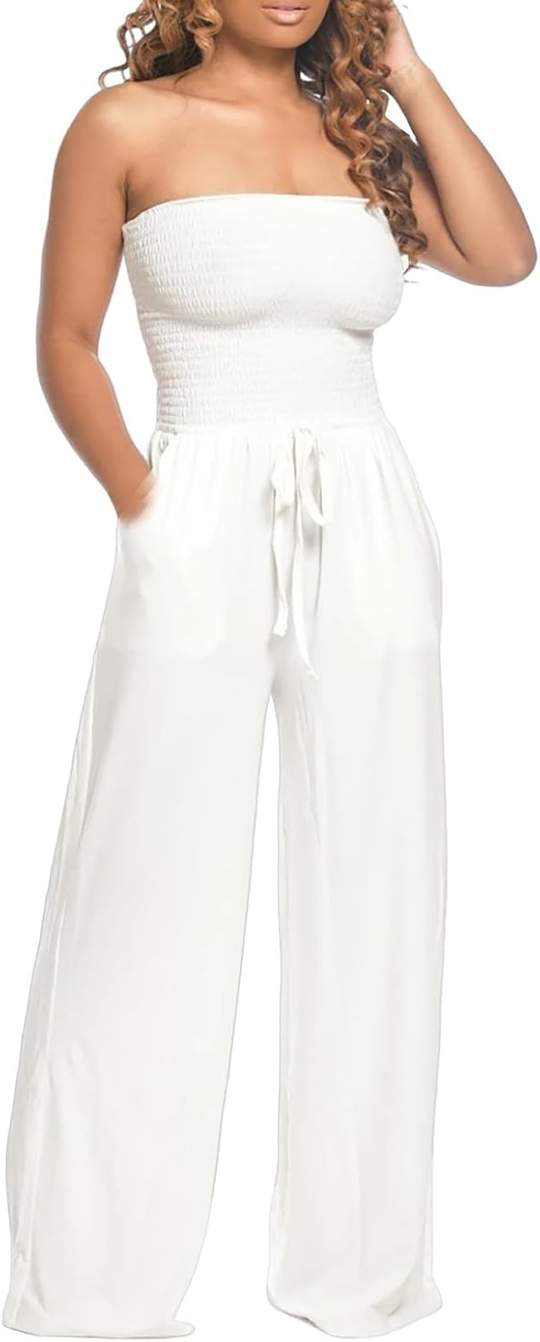 Strapless Rompers For Women Casual Summer Sleeveless Belted Wide Leg Jumpsuits Loose Tube Top Romper With Pockets