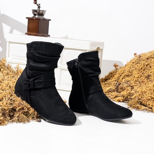 Image of Vepose Women's Slouch Ankle Boots, Flat Low Heel Side Zip Booties 939A