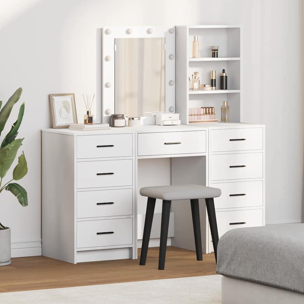 Schminktisch 3-teilig Weiß Holzwerkstoff mit LED-Spiegelbeleuchtung und viel Stauraum für moderne Schlafzimmer, Frisiertisch, Kosmetiktisch, Make-up-Tisch, Organizer, stilvoll und funktional