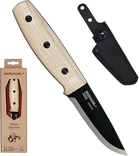 Morakniv Finn BlackBlade (S) Stainless Steel Ash Wood with Leather Sheath, 7.4 Inch