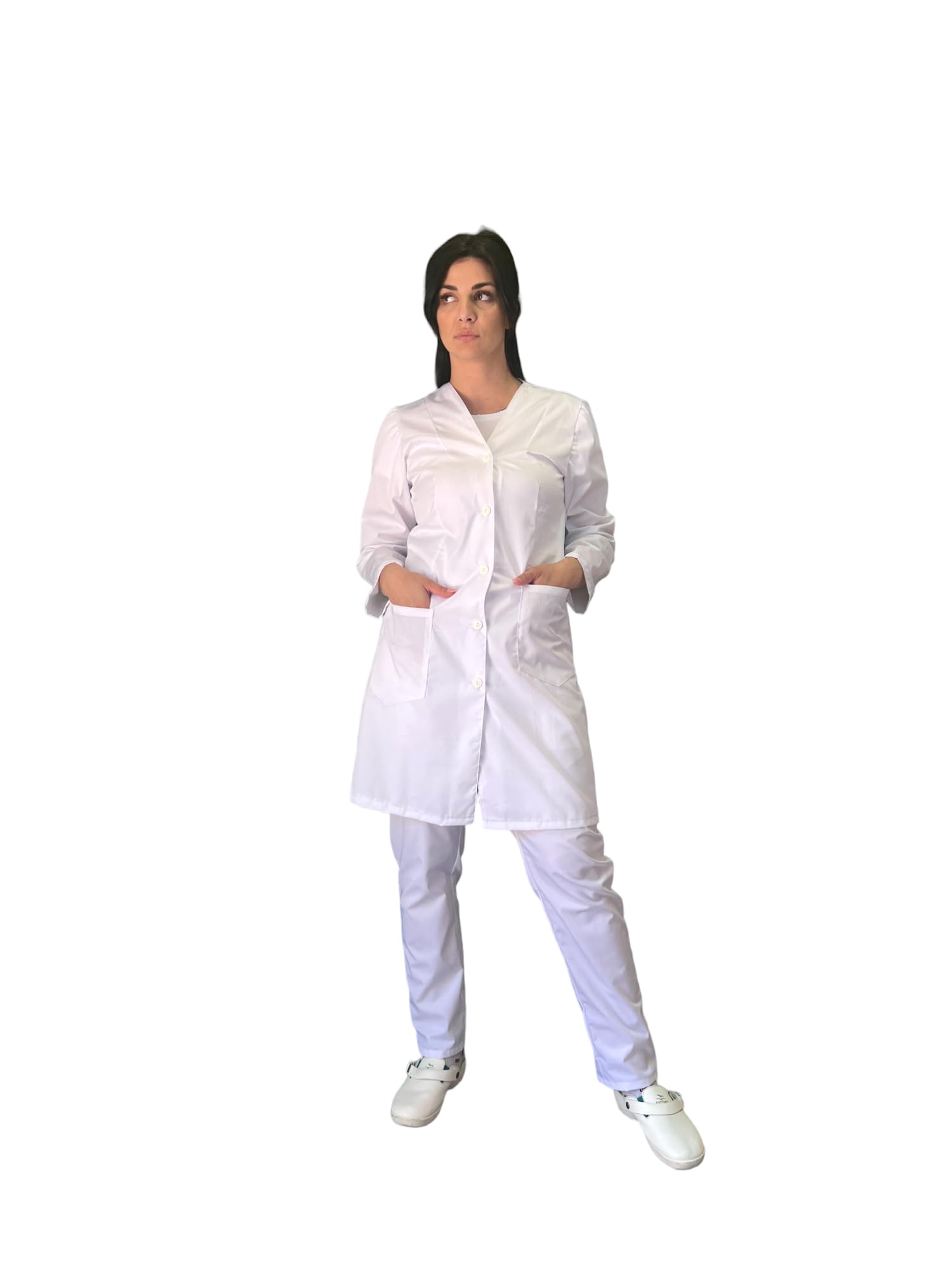 Blouse blanche de travail femme uniforme sanitaire personnalisable pour médecin, médecin, infirmière, laboratoire chimique, pédiatre, psychologue col en V