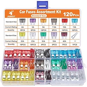 JOREST 120Pcs Car Fuse Kit – Replacement Fuses Assortment Kit for Car/RV/Truck/Motorcycle(2Amp 3A 5A 7.5A 10A 15A 20A…
