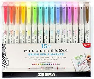 Zebra Pen Mildliner Double Ended BRUSH Tip Pen & Bullet Tip Marker 15 pk-Assorted Colours
