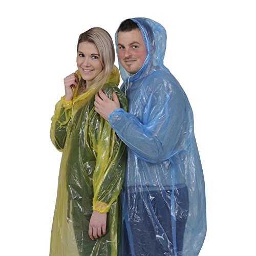 E-winkRain Ponchos for Adults with Long Sleeves, Hood and Drawstring 8 Pieces • 4 Bright Colors • 2 Red • 2 Yellow • 2 Blue • 2 Green • One Size Fits All • Lightweight • in Case a Rainy Day