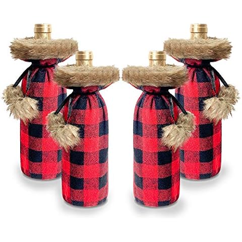 4 Pack Christmas Buffalo Plaid Wine Bottle Cover Decorative, Wine Bottle Holder with Faux Fur Cuff Sweater Pouch Bags for Rustic Wedding Xmas Party Decoration Cover