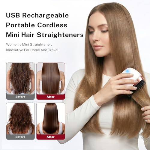Image of Mini Hair Straightener Rechargeable Mini Cordless Hair Straightener Portable Hair Straighteners Hot Comb USB Rechargeable Heated Styling Brush 2 Heat Settings Travel Hair Straighteners- White