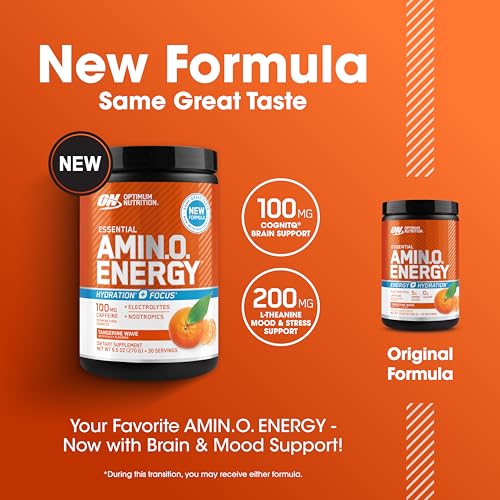 Optimum Nutrition Amino Energy Powder Plus Hydration, with BCAA, Electrolytes, and Caffeine, Tangerine Wave, 30 Servings (Packaging May Vary)