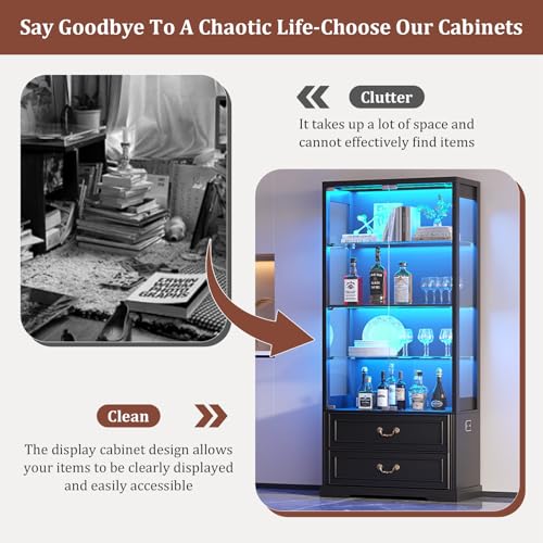 Image of TAGELIER 67 inch Tall Display Cabinet with Glass Doors and 2 Drawers, Black