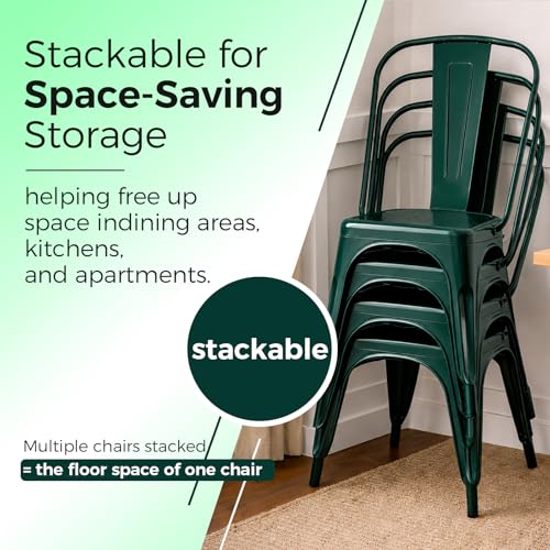 Image of Metal Dining Chairs with Backrest, Stackable, Dark Green, 4 Pack | Easy Assembly, Non-Slip Feet, 330 lb Capacity, Kitchen, Restaurant, Cafe, Pub, Covered Patio