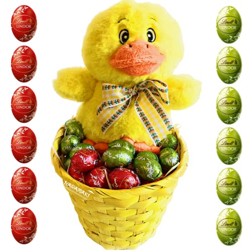 Lindt Lindor - Cesta de Pascua con diseño de pato  Cippy  + Ovetti Lindt Latte 180 g + Ovetti Lindt Pistacho 180 g - Cesta Pascua 2022 Idea regalo