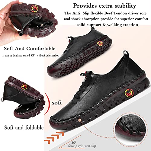 Women's Leather Soft Beef Tendon Flat Bottom Loafers Slip-On Handmade Round Toe Non-Slip Breathable Mom Leisure Walk Shoes (Red,10,Women,10) #TOP5