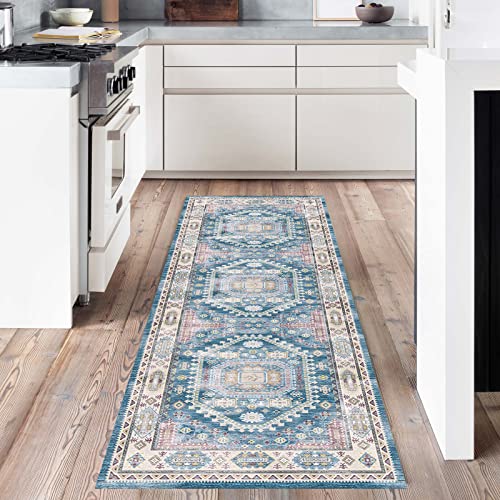 vivorug Blue Runner Rug 2x10 Machine Washable Rug with Non-Slip Backing, Ideal for Kitchen Hallway Entryway Laundry Room - Vintage, Durable, Easy Clean, Low Pile Carpet Runner