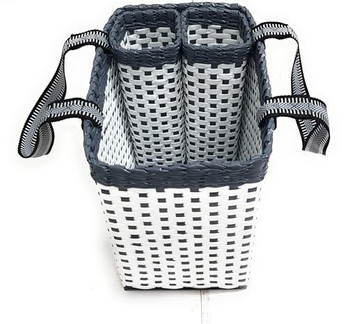 Image of Paperus, White & Grey, Large, Lunch Bag with 2 Water Bottle Holders, Picnic Basket, Travel Bag, Eco-Friendly, Handmade, of Paper Ropes, Length 14 inch, Height 11 inch & 7 Inch Broad Base