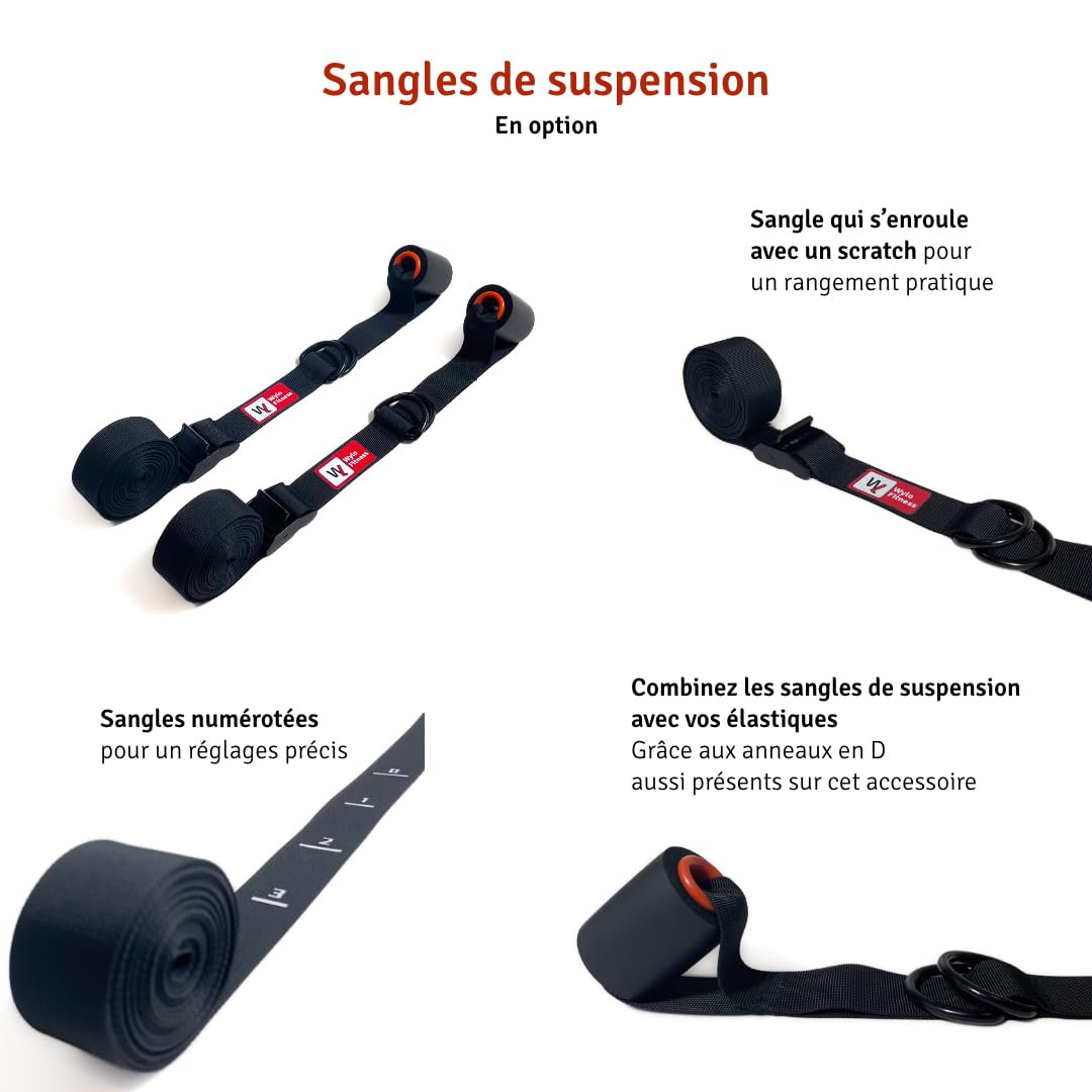 Pack de Musculation Élastiques + Sangles de Suspension | 6 élastiques (5 à 70kg) | 10 Accessoires (Barre, poignées, Sangles de Cheville, ancrages de Porte et de Pieds, Sac de Transport) (70 kg)