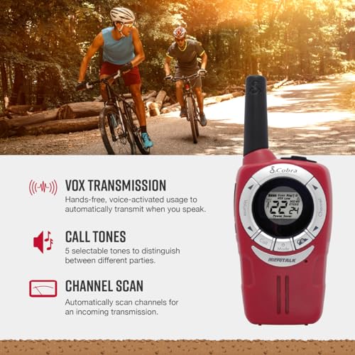 Image of Cobra ACXT360 Water Resistant Walkie Talkies for Adults & Compatible Cobra Surveillance Headset: Rechargeable, 22 Channels, Long-Range, 3 Two-Way Radios, 2 Headsets, White, Silver and Red