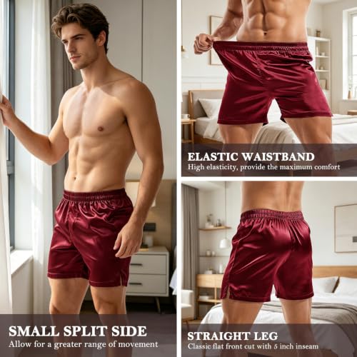 Image of AMY COULEE Mens Satin Boxer Shorts Silky Lightweight Pajama Bottoms Split Side Lounge Sleep Shorts