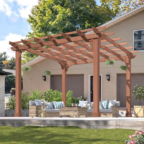 Yardenaler 10x10 FT Wooden Pergola, Cedar Wood Gazebo with Flat