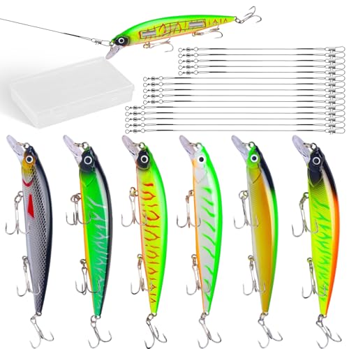 6 Piezas 22 G/14 CM Señuelos Spinning Flotante Minnow, Jig Pesca de Plástico ABS, Anzuelo Triple Señuelos Pesca, con 15 Líder(15/25/30 CM) y Estuche, para Depredadores Medianos y Grandes