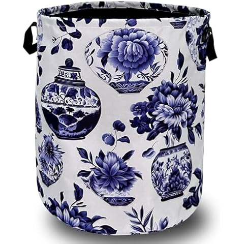 Blue White Floral Laundry Basket with Handles Cover