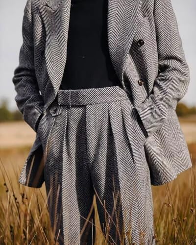 Men's Dress Pants Regular Fit Front Tweed Herringbone Retro Wool Trousers2