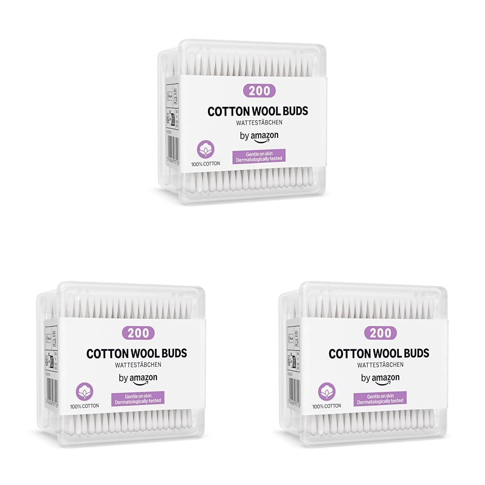 by Amazon Wattestäbchen, 100% Baumwolle, 200 Stück (Packung mit 3)