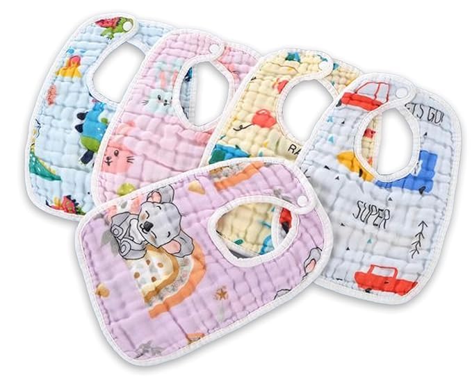 Little Boo baby bibs for 6 to 12 months cotton Muslin Pure Cotton Cartoon Print 8 Layer Infant Newborn Toddler Feeding Bibs, Multicolor (Pack Of 5)-image-45