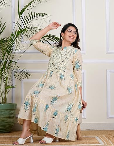 Image of Kuruti B Sheets Women's Cotton Floral Printed Regular Fit Anarkali Kurta for Women
