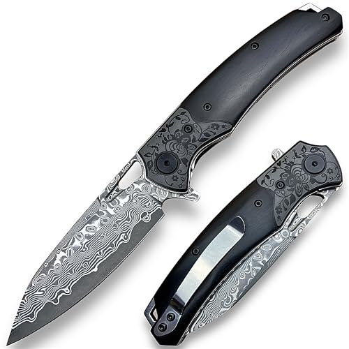 TACTICAL GEARZ EDC Damascus Pocket Folding Knife, Custom Carved Ebony Wood Handle! (Okina XT)