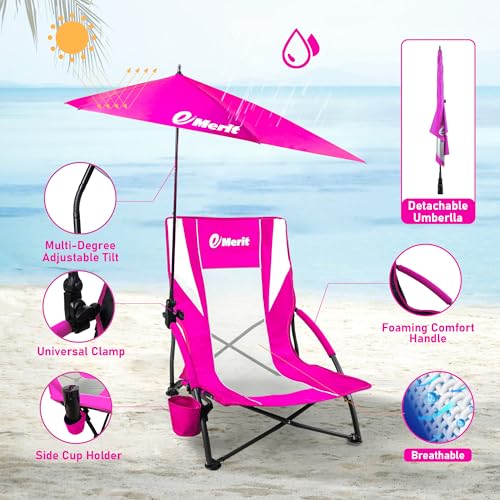 Image of EMERIT Low Beach Chairs for Adults with Removable UPF 50+ Umbrella, Lightweight Folding Backpack Camping Chair with Cup Holder, Portable Sand Chair for Beach, Picnic, Lawn