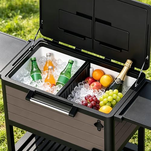 Image of 104 QT Patio Cooler Cart with Wheels, Outdoor Rolling Ice Chest Cooler for Patio, Pool, Deck & Backyard, Portable Beverage Bar Cart with Double Lid, Foldable Side Tables, Bottle Opener & Storage Shelf