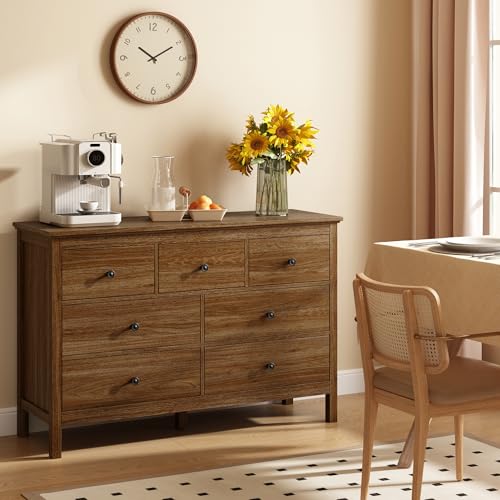 Image of CARPETNAL 47 inch Walnut Dresser for Bedroom with 7 Drawer & Metal Handles