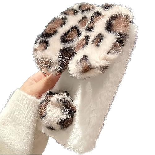 Rnrieyta Miagon Cover Custodia per iPhone 12 Mini,Leopardo Morbido Inverno Caldo Divertente Coniglio Orecchie Faux Pelliccia Soffice Capelli Caso Coperture