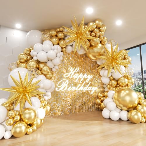 Image of White and Gold Balloon Arch Kit, 146Pcs Explosion Star White Metallic Gold Latex Balloon Garland kit, 22 18 12 10 5 Inch Different Size Balloons for Anniversary Birthday Engagements Party Decorations