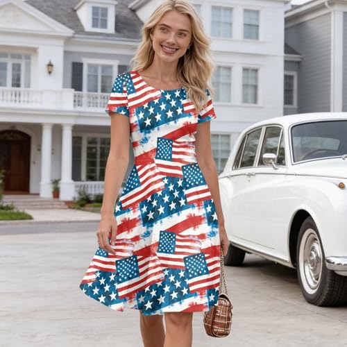 Image of HUGS IDEA Womens Puffy Swing Midi Dress Round Neck Short Sleeve Party A-Line Dresses