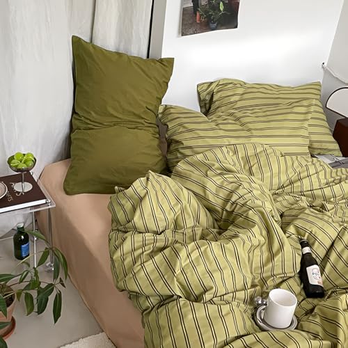 Image of mixinni Vintage Stripes Duvet Cover Set King - 3-Piece Mid-Century Cotton Olive & Taupe Striped Bedding, Soft Breathable All-Season Comforter Cover with Zipper Closure & Corner Ties-King Size