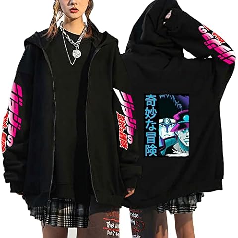 westtrend JoJo's Bizarre Adventure Hoodie Unisex Casual Long Sleeves Full-Zip Sweatshirts with Pocket Anime Character JoJo Print Hooded Coat Cover