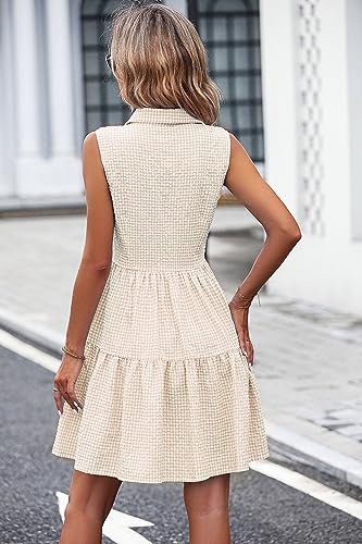 Image of Women's Plaid Print Sleeveless Ruffle Hem Dress High Waist Casual Dress Beige