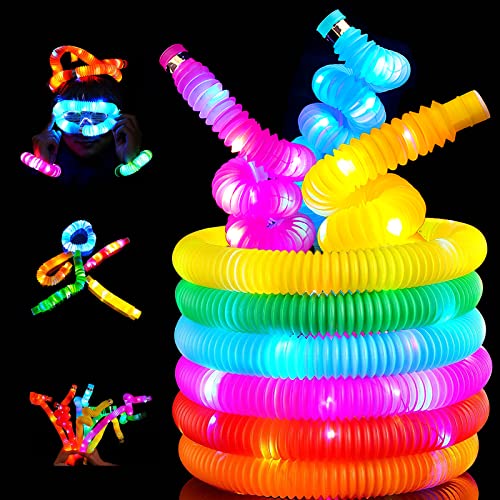 6 Stück LED Pop Röhren Leuchtende Stretchröhren Mini Pop Röhren Sensorisches Spielzeug für Kinder und Erwachsene Bauen Sie Stress und Fidget ab Mehrfarbig Weihnachten Dekoration Geschenk Cover