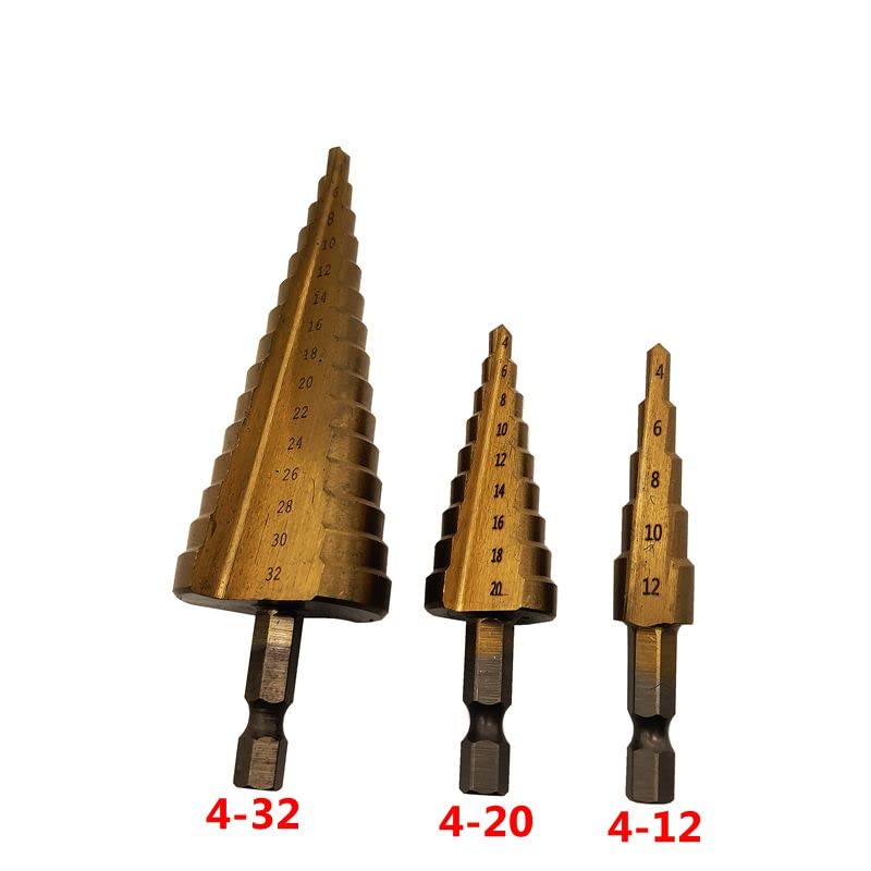 Set de 3 brocas escalonadas HSS recubiertas de titanio 4-12/20/32 mm miniatura 2