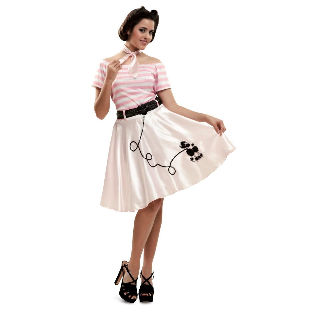 My Other Me - Disfraz Años 50 mujer. Incluye vestido con blusa rosa de rayas y falda blanca con estampado de perrito, cinturón negro ancho y pañuelo. A bailar.