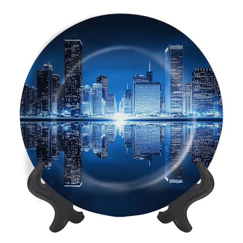 Decorative Plates for Display Chicago Skyline by Night Gift Plates Ceramic Collections Plates Hanging Artwork for Living Dining Room Kitchen Souvenir