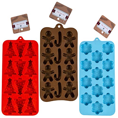 Holiday Silicone Ice Cube Tray, Candy Molds in 3 assorted trays RED -Christmas Tree shapes Powder Blue-Snowflake shapes, Dark Brown-Gingerbread Man Candy cane shapes